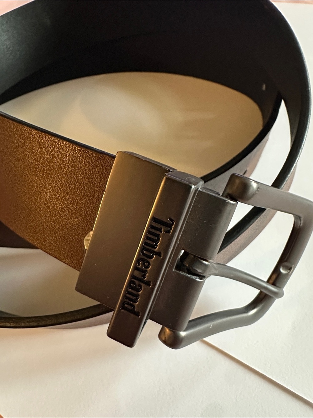 Timberland Brown Black Leather Belt with Brushed Gunmetal Buckle Reversable